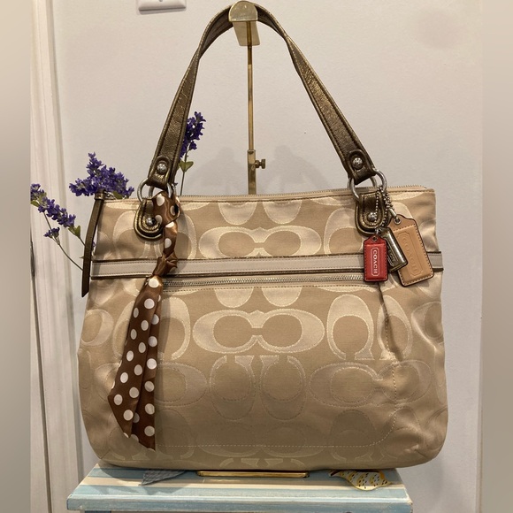Coach Handbags - Coach Poppy Signature Metallic Glam Tote